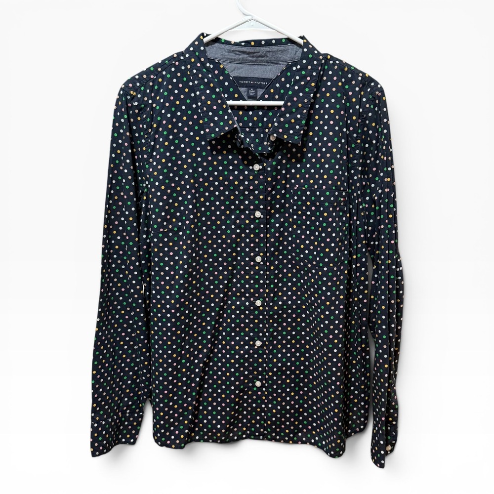 Tommy Hilfiger Button Down Womens XL Navy Multi Polka Dot Excellent Long Sleeve - Picture 2 of 5